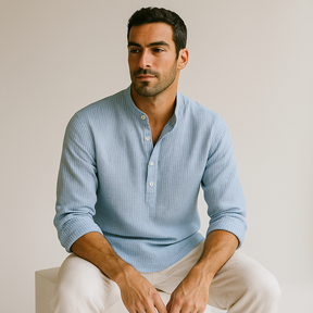 Camisa Masculina Linho Manga Longa Azul Claro Henley
