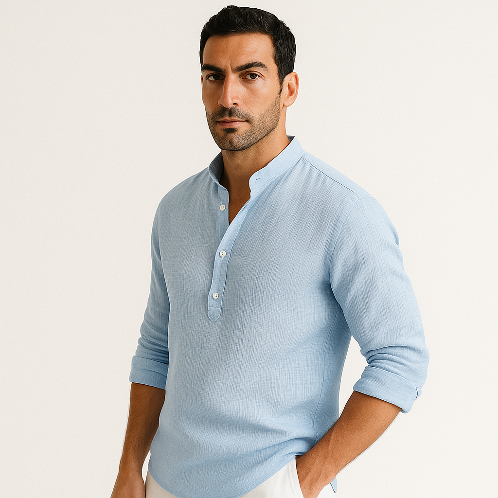 Camisa Masculina Linho Manga Longa Azul Claro Henley