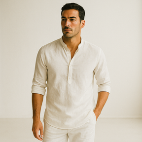 Camisa Masculina Linho Manga Longa Branca Henley