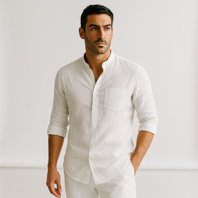 Camisa Masculina Linho Manga Longa Branca Henley