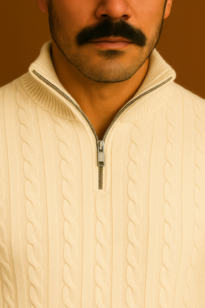 Suéter masculino  com gola alta e zíper em malha jacquard, estilo coreano