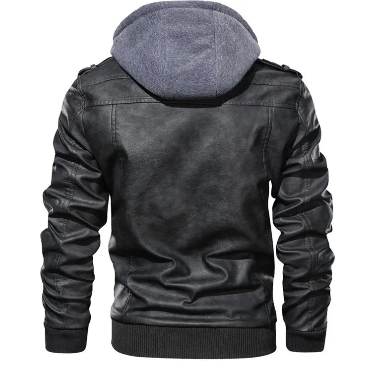 Jaqueta de Couro Masculina Motoqueiro com Capuz Destacável