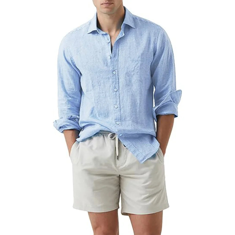Camisa de verão praia algodão linho camisas masculinas cardigan topos manga comprida gola virada para baixo ajuste fino tamanho grande