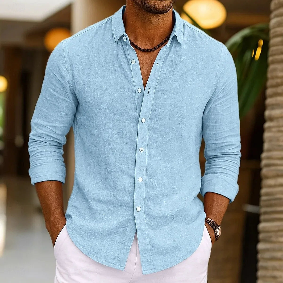 Camisa de linho masculina verão beachwear botão cor sólida algodão linho manga longa camisa férias roupas masculinas transporte rápido