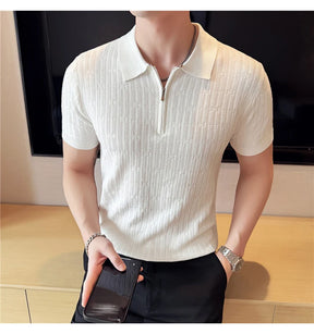 Camisa polo listrada de malha masculina manga curta 2025 verão novo sólido casual respirável luz macia fina casual t camisa roupas masculinas