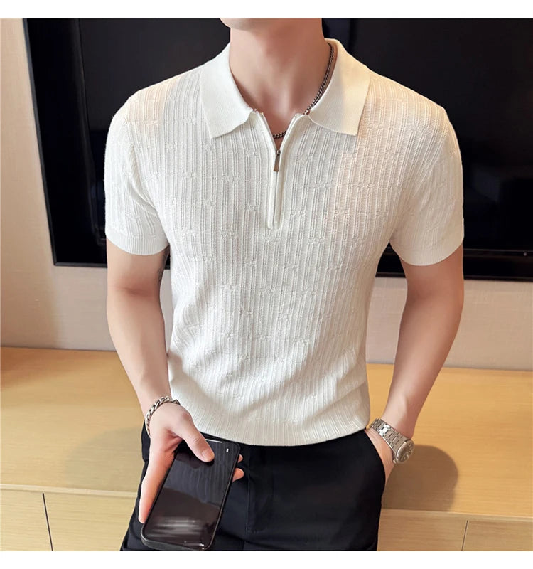 Camisa polo listrada de malha masculina manga curta 2025 verão novo sólido casual respirável luz macia fina casual t camisa roupas masculinas