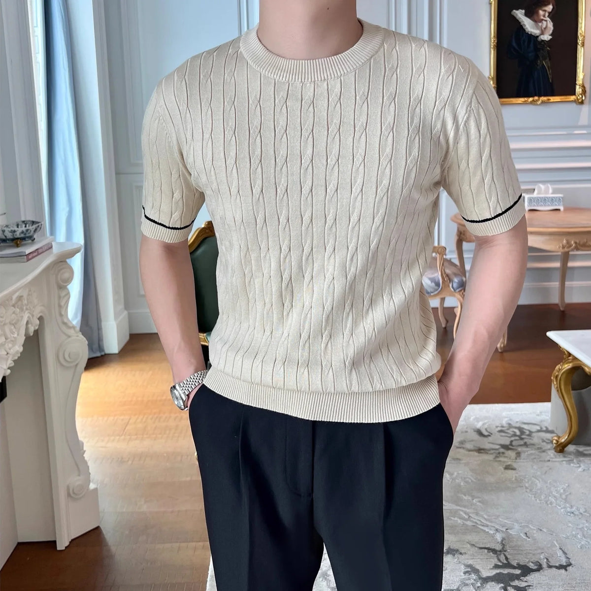 Moda masculina camiseta de malha estilo emagrecimento em torno do pescoço mangas curtas leve verão topos rosca camada base