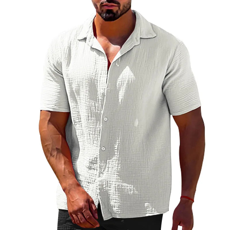 Camisa masculina de linho de algodão de manga curta, monocromática, gola virada para baixo, blusa casual de peito único masculina, tops de verão