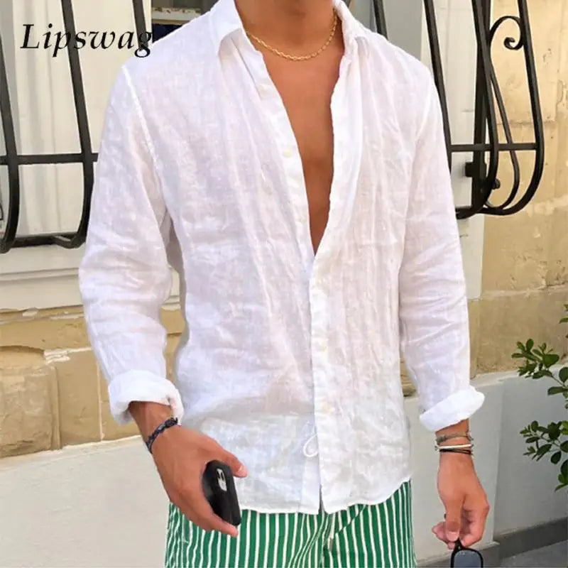 Primavera novas camisas de linho casuais dos homens manga longa botão-up turn-down colarinho camisa à beira-mar praia vintage masculino cor sólida cardigans