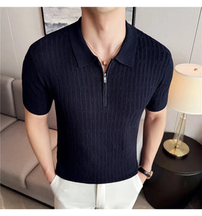 Camisa polo listrada de malha masculina manga curta 2025 verão novo sólido casual respirável luz macia fina casual t camisa roupas masculinas