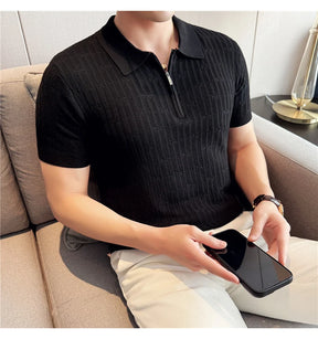 Camisa polo listrada de malha masculina manga curta 2025 verão novo sólido casual respirável luz macia fina casual t camisa roupas masculinas
