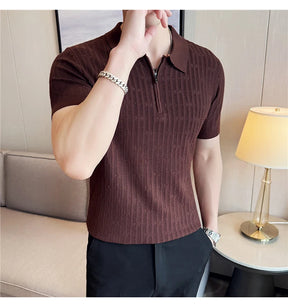 Camisa polo listrada de malha masculina manga curta 2025 verão novo sólido casual respirável luz macia fina casual t camisa roupas masculinas