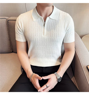 Camisa polo listrada de malha masculina manga curta 2025 verão novo sólido casual respirável luz macia fina casual t camisa roupas masculinas