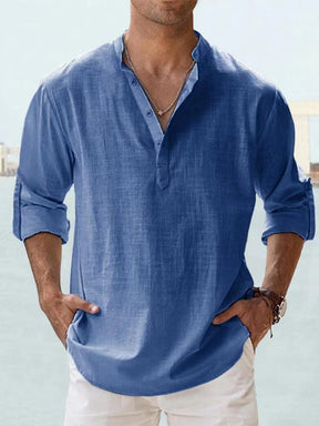 Novas camisas de linho de algodão para homens camisas casuais leves manga longa henley praia camisas havaianas para homem