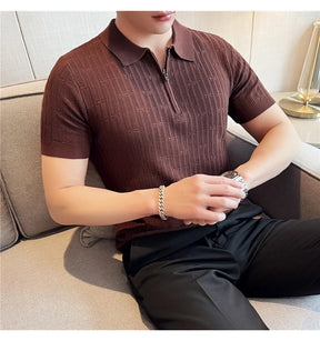 Camisa polo listrada de malha masculina manga curta 2025 verão novo sólido casual respirável luz macia fina casual t camisa roupas masculinas