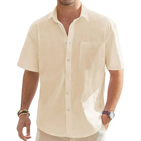 Camisas masculinas de manga curta de linho de algodão de cor sólida férias praia verão tops com bolso casual camisas de botão leves