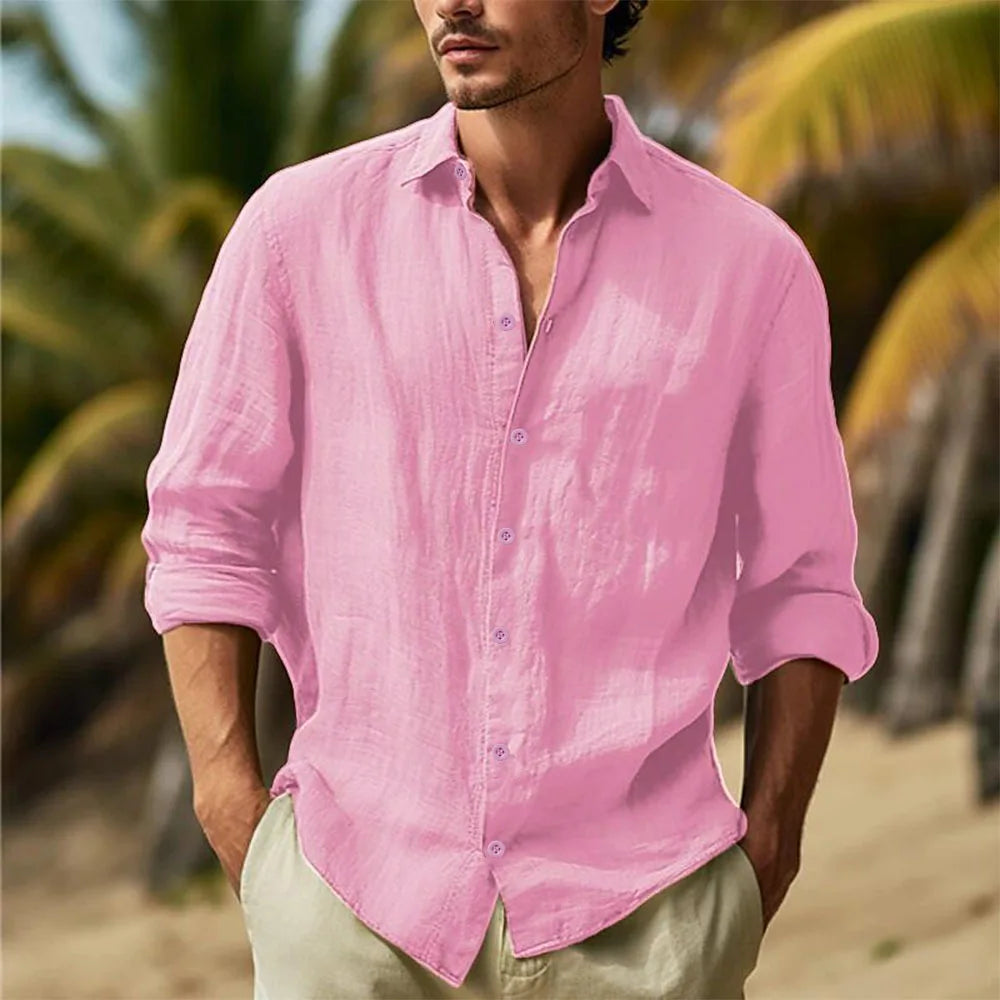 Camisa Masculina de Linho e Algodão com Gola Elegante