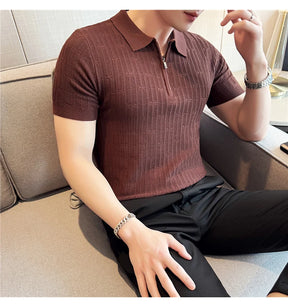 Camisa polo listrada de malha masculina manga curta 2025 verão novo sólido casual respirável luz macia fina casual t camisa roupas masculinas