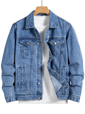 Jaqueta jeans masculina azul para primavera e outono. Design com vários bolsos. Tamanho regular com um estilo casual de rua estiloso.