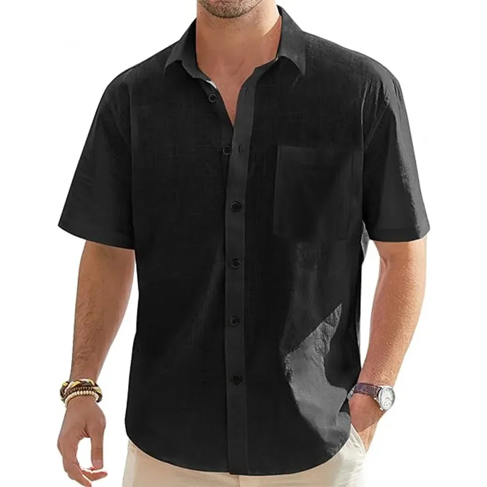 Camisas masculinas de manga curta de linho de algodão de cor sólida férias praia verão tops com bolso casual camisas de botão leves
