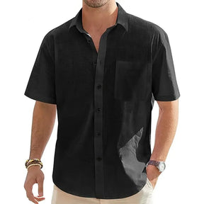 Camisas masculinas de manga curta de linho de algodão de cor sólida férias praia verão tops com bolso casual camisas de botão leves