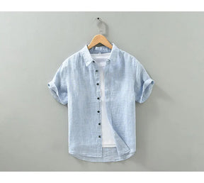 Camisas masculinas casuais de linho puro, monocromática, manga curta, tamanho grande, camisa de botões, na moda
