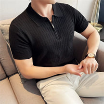Camisa polo listrada de malha masculina manga curta 2025 verão novo sólido casual respirável luz macia fina casual t camisa roupas masculinas