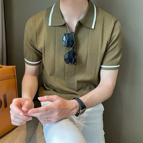 Camisa polo de malha de lapela masculina, blusa casual com meia zíper, manga curta, elegante e na moda, estilo coreano, verão, 2024