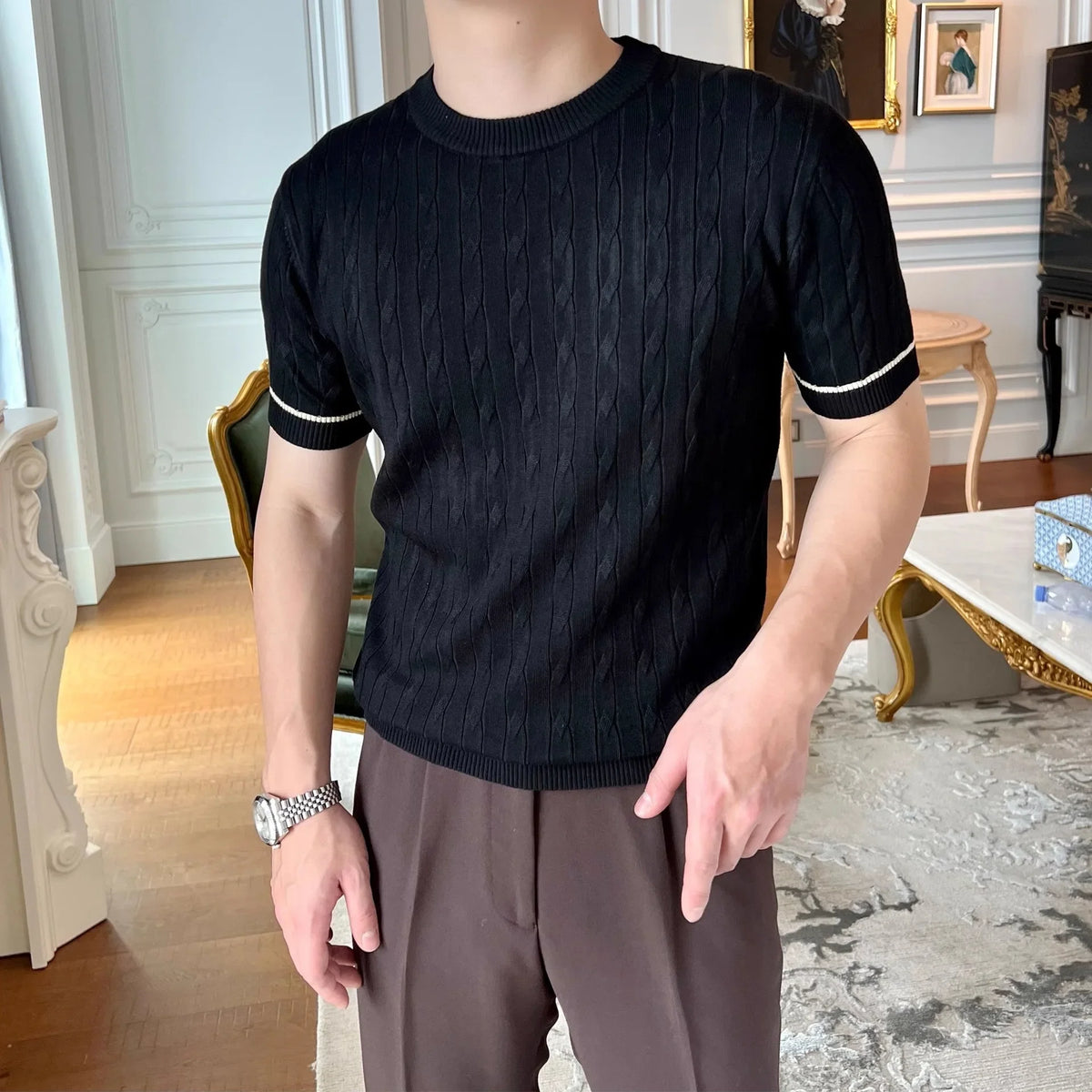 Moda masculina camiseta de malha estilo emagrecimento em torno do pescoço mangas curtas leve verão topos rosca camada base