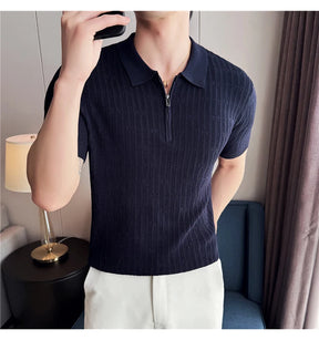 Camisa polo listrada de malha masculina manga curta 2025 verão novo sólido casual respirável luz macia fina casual t camisa roupas masculinas