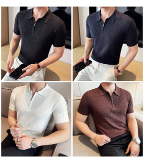 Camisa polo listrada de malha masculina manga curta 2025 verão novo sólido casual respirável luz macia fina casual t camisa roupas masculinas