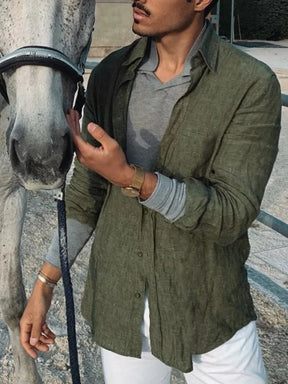 Camisa fina masculina de mangas compridas, cardigã de lapela, monocromática, moda casual, adequada para atividades ao ar livre