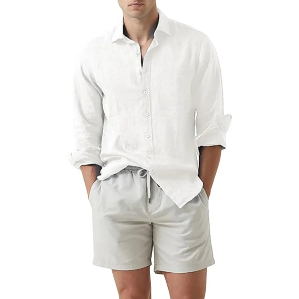 Camisa de verão praia algodão linho camisas masculinas cardigan topos manga comprida gola virada para baixo ajuste fino tamanho grande