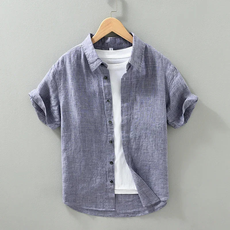 Camisas masculinas casuais de linho puro, monocromática, manga curta, tamanho grande, camisa de botões, na moda