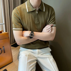 Camisa polo de malha de lapela masculina, blusa casual com meia zíper, manga curta, elegante e na moda, estilo coreano, verão, 2024
