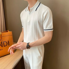 Camisa polo de malha de lapela masculina, blusa casual com meia zíper, manga curta, elegante e na moda, estilo coreano, verão, 2024
