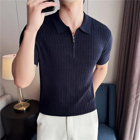 Camisa polo listrada de malha masculina manga curta 2025 verão novo sólido casual respirável luz macia fina casual t camisa roupas masculinas