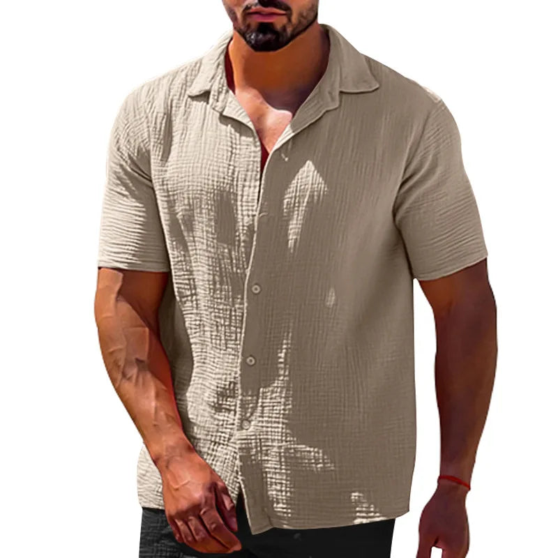 Camisa masculina de linho de algodão de manga curta, monocromática, gola virada para baixo, blusa casual de peito único masculina, tops de verão