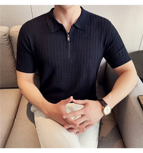 Camisa polo listrada de malha masculina manga curta 2025 verão novo sólido casual respirável luz macia fina casual t camisa roupas masculinas