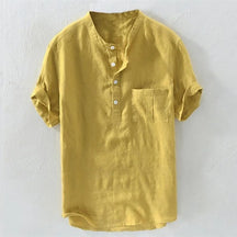 Camiseta Havaiana Masculina, Henley Decote V, Manga Curta, Top de Bolso, Cor Sólida, Camisa da Moda 100% Algodão e Linho