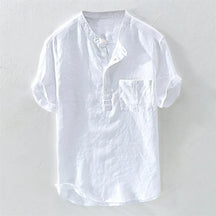 Camiseta Havaiana Masculina, Henley Decote V, Manga Curta, Top de Bolso, Cor Sólida, Camisa da Moda 100% Algodão e Linho