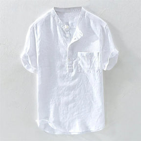 Camiseta Havaiana Masculina, Henley Decote V, Manga Curta, Top de Bolso, Cor Sólida, Camisa da Moda 100% Algodão e Linho