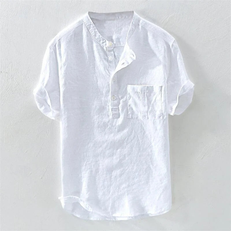 Camiseta Havaiana Masculina, Henley Decote V, Manga Curta, Top de Bolso, Cor Sólida, Camisa da Moda 100% Algodão e Linho