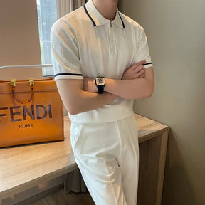 Camisa polo de malha de lapela masculina, blusa casual com meia zíper, manga curta, elegante e na moda, estilo coreano, verão, 2024