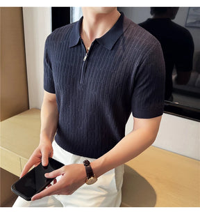 Camisa polo listrada de malha masculina manga curta 2025 verão novo sólido casual respirável luz macia fina casual t camisa roupas masculinas
