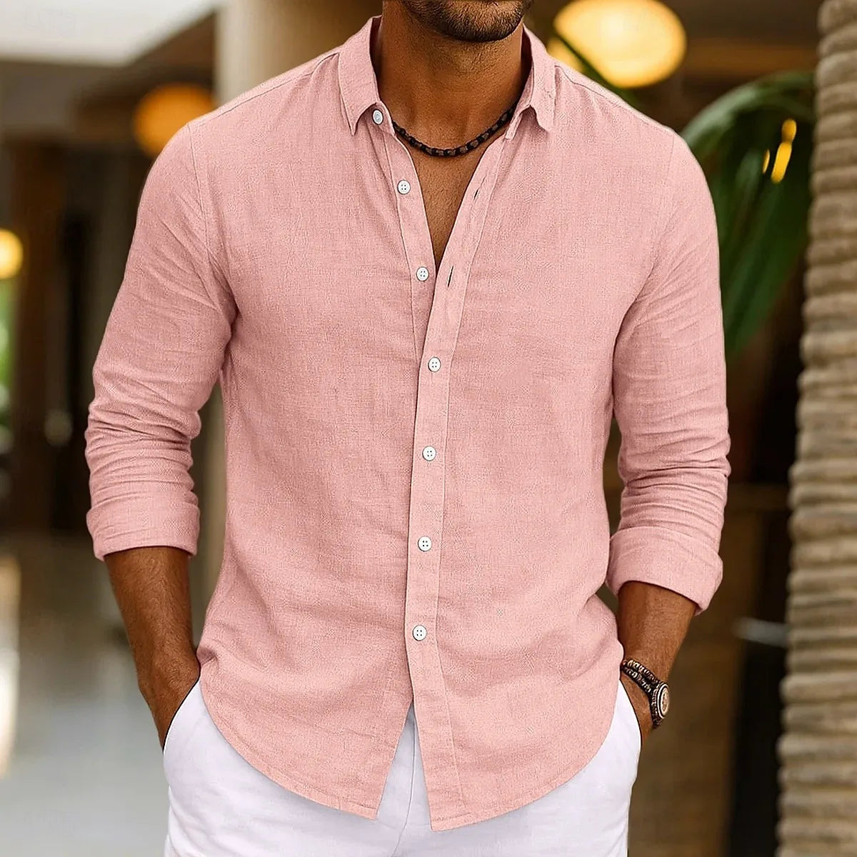 Camisa de linho masculina verão beachwear botão cor sólida algodão linho manga longa camisa férias roupas masculinas transporte rápido