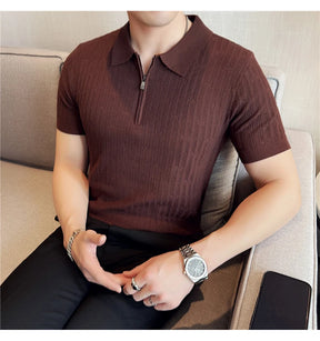 Camisa polo listrada de malha masculina manga curta 2025 verão novo sólido casual respirável luz macia fina casual t camisa roupas masculinas