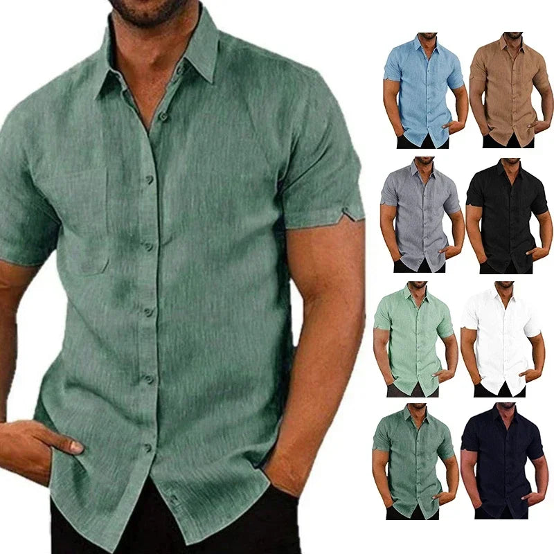 Camisas de linho de algodão de verão para homens casuais camisas de manga curta blusas sólidas gola virada para baixo camisas de praia formais roupas masculinas