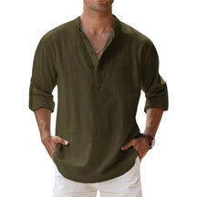 Novas camisas de linho de algodão para homens camisas casuais leves manga longa henley praia camisas havaianas para homem