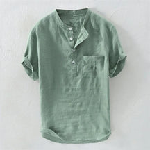 Camiseta Havaiana Masculina, Henley Decote V, Manga Curta, Top de Bolso, Cor Sólida, Camisa da Moda 100% Algodão e Linho